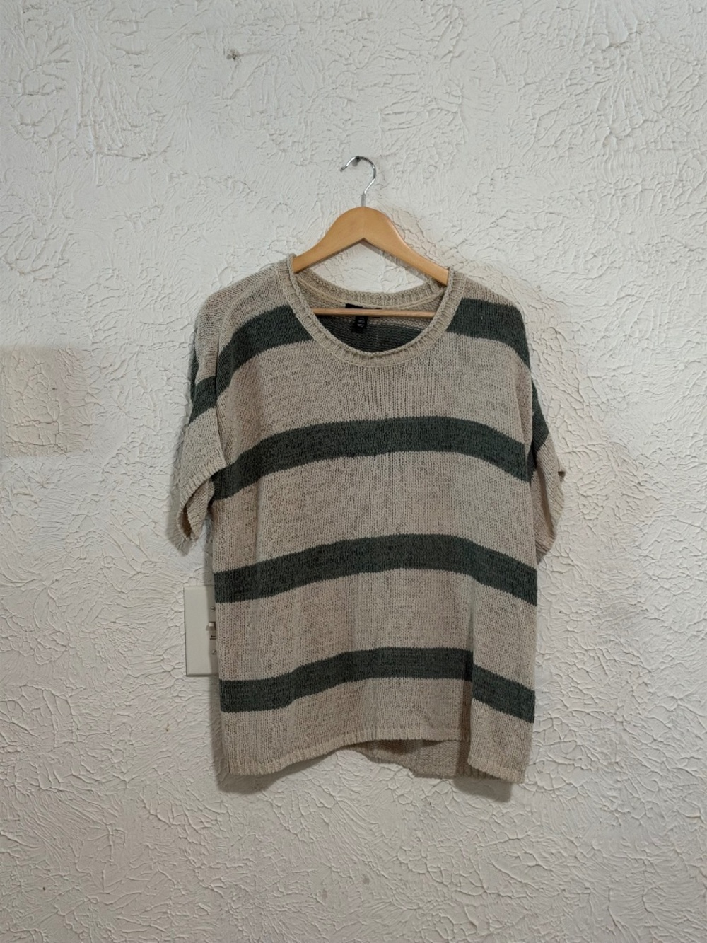 Tribal Women’s Gray Green Striped Short Sleeve Knit Sweater Large
